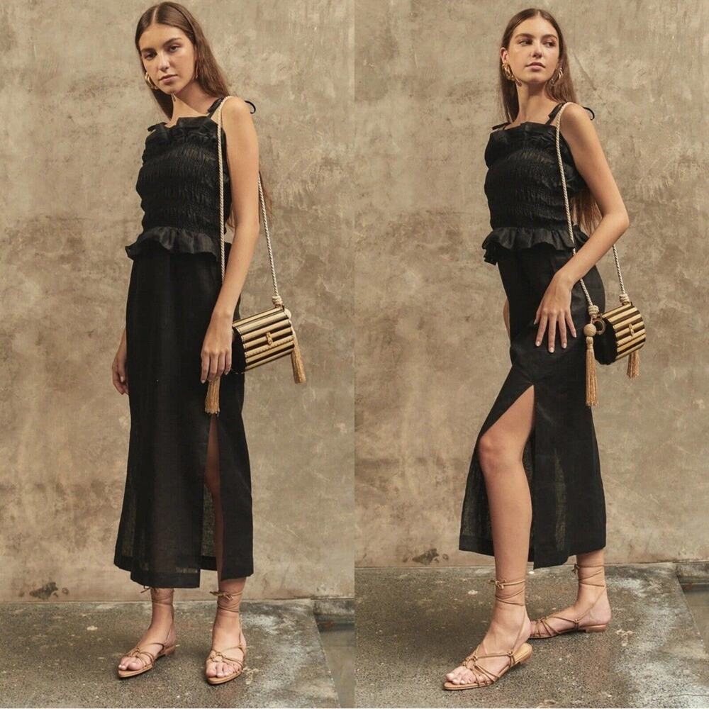 CHRISTY LYNN Venus Midi Dress Linen Blend Ruffle Smocked Sleeveless Slit Maxi - Picture 2 of 13